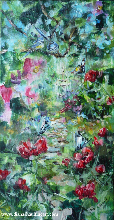 Birds, butterflies, poppies and a fountain in an original landscape painting.