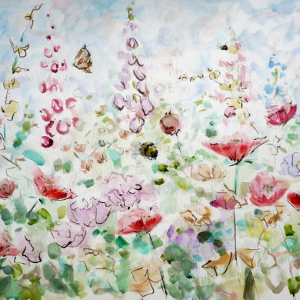 Original painting of a beautiful meadow on a summer day, with wildflowers, bees and butterflies.