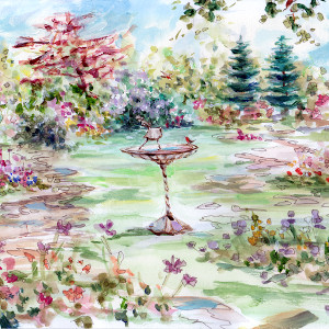 At the centre of this beautiful garden, a robin has alighted on the central fountain that features a ballerina statue. Original painting.