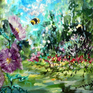 Close-up mini landscape featuring a bee approaching summer flowers.