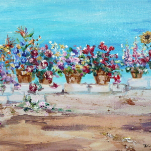 Sky, sea and sand... and flowerpots overflowing with blooms. Original painting.