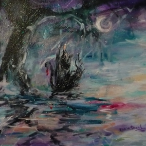 A black swan shelters under bare tree branches on a moonlit lake.