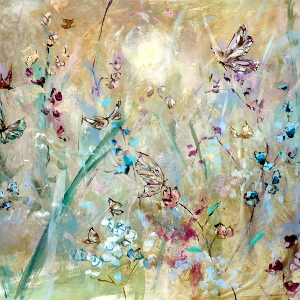 Original painting of butterflies in a meadow bathed in golden summer sunshine.