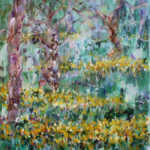 An uplifting landscape depicting daffodils in the sunshine, harbingers of spring.