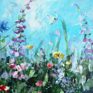 Original acrylic painting of a summer meadow, featuring butterflies and wild flowers.