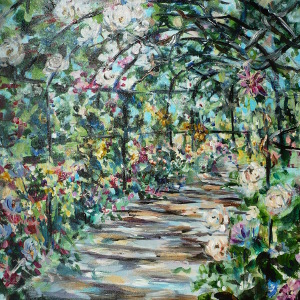Painting of a rose arbour at the height of summer.