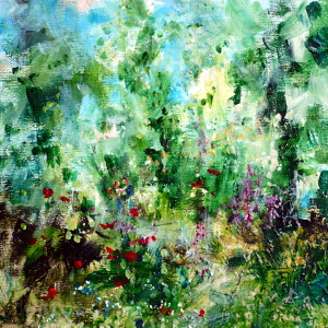 Mixed media painting of a couple embracing in a beautiful garden.