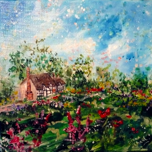 Painting inspired by Anne Hathaway's cottage in Shottery near Stratford-upon-Avon.