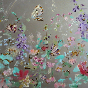 Original painting of a beautiful butterfly meadow created on a silver-coloured background.