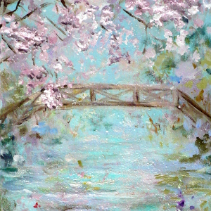 A wooden bridge spans a small pond in this springtime scene. Original painting.