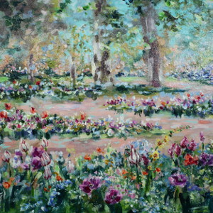 Original landscape depicting manicured flower beds of spring flowers, with a path winding around them and mature trees.