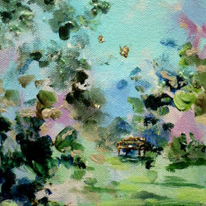 A mini landscape painting featuring a little bench and golden butterflies.