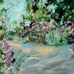 Original painting of a summer garden featuring a wooden bench and flowers.