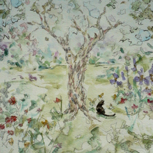 Original painting of a black cat watching a butterfly in a garden.