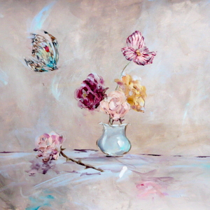 Butterfly Inside – original painting in acrylic depicting a butterfly and a vase of flowers.