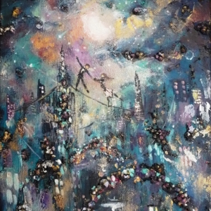 Perfect Balance – original painting (cityscape with young couple) in acrylic and mixed media.