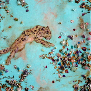 Pounce – original semi-abstract painting in acrylic and mixed media of a leopard.
