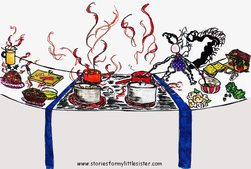 Cartoon skunk Big Pong cooks Christmas lunch in this storybook illustration.